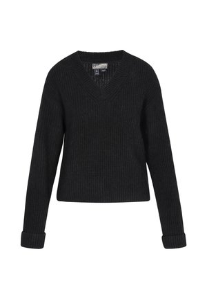 Black knitted sweater with a V-neck, long sleeves, and rolled cuffs. The texture is ribbed, offering a cozy appearance.