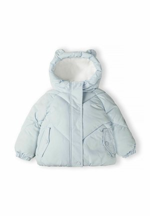 Veste matelassée bleu clair avec des oreilles d'ours, design matelassé, poignets élastiques et deux poches à bouton-pression. Capuche doublée avec intérieur doux et blanc.