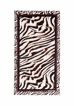 Ręcznik z abstrakcyjnymi, zebropodobnymi czarnymi, brązowymi i białymi falistymi paskami, obramowanym solidną ciemną ramą i powtarzającym się zewnętrznym wzorem.