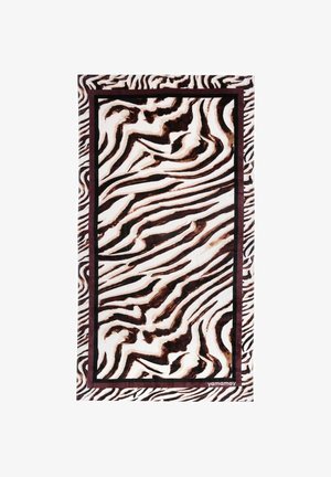 Toalla con rayas onduladas abstractas inspiradas en la cebra en negro, marrón y blanco, bordeada por un marco sólido oscuro y un patrón exterior repetido.