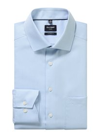 Light blue modern fit dress shirt with spread collar, buttoned cuffs, front buttons, and Olymp Luxor label inside collar.