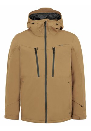 Giacca impermeabile marrone con cappuccio, dotata di due tasche sul petto con zip e fori di ventilazione sulla parte superiore del petto. Texture liscia e design aderente.