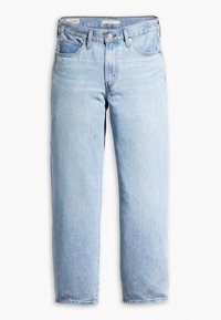 Jeans bleu clair à coupe droite avec cinq poches, bouton en métal et braguette zippée, présentés à plat sur fond blanc.