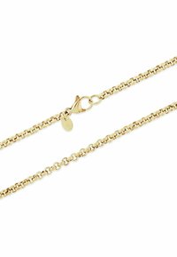 Collana in oro con anelli intrecciati, texture liscia e un sicuro gancio a forma di aragosta. Presenta un'etichetta di marca vicino al gancio.