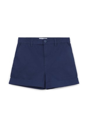 Shorts in cotone blu navy con chiusura a bottone, due tasche frontali e risvolti. Texture liscia e design a taglio dritto.