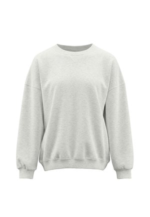 Lysegrå crewneck-sweatshirt med lange ærmer og ribstrikkede ærmegab og kant, vist på ensfarvet hvid baggrund.