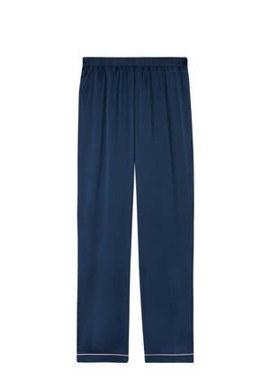 Mørkeblå pyjamasbukser lavet af glat stof, med en elastisk talje og kontrasterende hvid piping langs kanten.