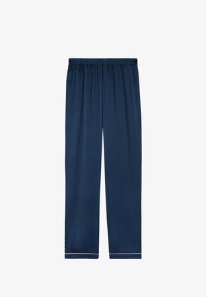 Námořnické modré pyžamové kalhoty vyrobené z hladké látky, s elastickým pasem a kontrastním bílým lemem podél okraje.
