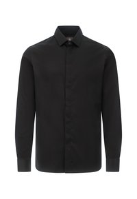 Svart långärmad skjorta i mjukt tyg med krage som knäpps ner och en knapp vid varje manschett. Enkel, enfärgad design.