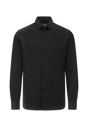 Camicia nera a maniche lunghe realizzata in tessuto morbido, con colletto button-down e un bottone su ciascun polsino. Design semplice e uniforme.