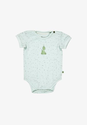 Light green baby bodysuit with short sleeves, featuring a smiling green dinosaur print and scattered grey dots. Snap closure at the bottom.