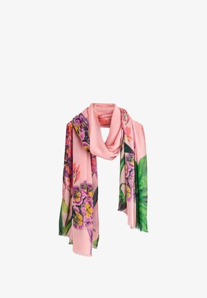 Rózsaszín virágos sál élénk virágokkal és zöld levelekkel. Könnyű anyag, amely puha tapintású és szegélyezett szélekkel rendelkezik.