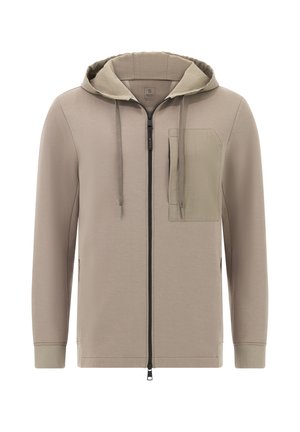 Beige Kapuzenpullover mit Reißverschluss, kontrastierender Kapuze, Fronttasche und Kordeln. Hat eine glatte Textur und hüftnahe Bündchen.