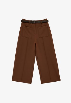 Brązowe szerokie spodnie o długości 7/8 z przednimi kieszeniami naszywanymi oraz czarnym paskiem z srebrną klamrą, prezentowane na białym tle.