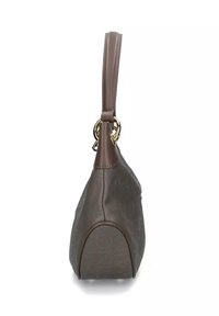 Borsa a tracolla in pelle marrone con texture a motivo, hardware in metallo dorato e una sola maniglia, mostrata di lato su uno sfondo bianco.