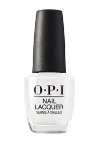 Vernis à ongles OPI dans un flacon en verre transparent avec un bouchon noir texturé. L'étiquette présente un texte noir audacieux sur fond blanc.