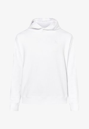 Biała bluza z kapturem, z długimi rękawami i ściągaczem u dołu. Z przodu subtelne haftowane litera "M" w białym kolorze. Miękka tekstura materiału.