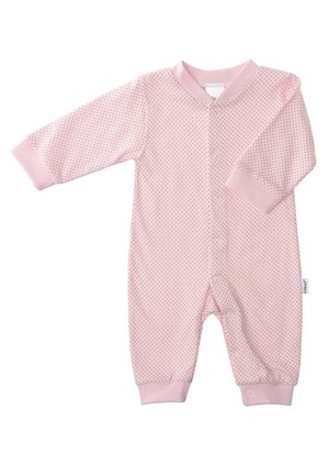 Pink cotton onesie with long sleeves, featuring a dotted pattern, front snap closure, and contrasting cuffs at wrists and ankles.