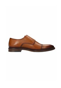 Chaussure habillée en cuir marron avec une texture lisse, à bout fermé et à forme arrondie. Présente une couture et un petit talon en bois.