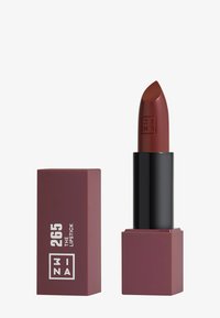 Lipstick in a matte burgundy tube with a black base. The bullet has a pointed tip and is marked with the brand logo and shade number.