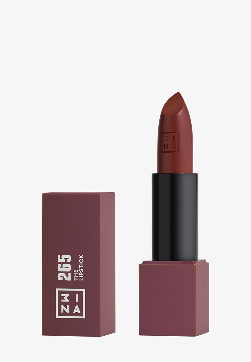Lipstick in a matte burgundy tube with a black base. The bullet has a pointed tip and is marked with the brand logo and shade number.