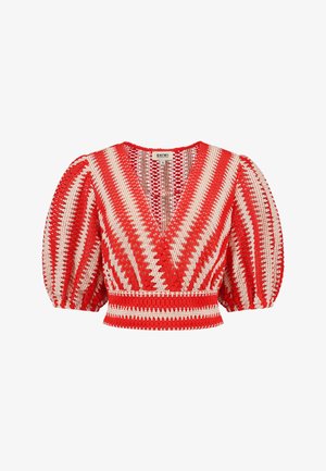 Red and white striped blouse, featuring a deep v-neck, puff sleeves, and textured crochet design with a fitted waist.