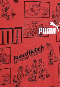 Raudona medžiaga su juodomis ilišmis, vaizduojančiomis riedlentininkų techniką, su užrašais "PUMA" ir "BoardRebels riedlenčių kursai visiems".