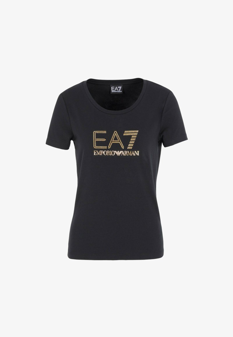 Must värvi puuvillane T-särk ümmarguse kaeluse ja lühikeste varrukatega, kaunistatud kuldse EA7 Emporio Armani logo rhinestone'idega.