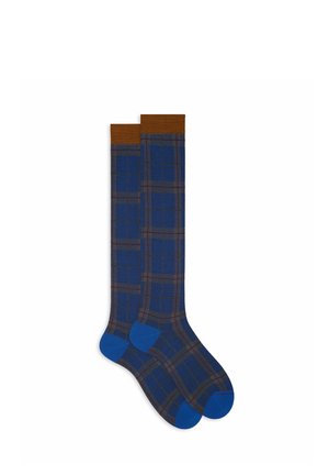 Knee-high socks featuring a blue plaid pattern with brown cuffs, accented by solid blue toe areas and a soft, textured surface.