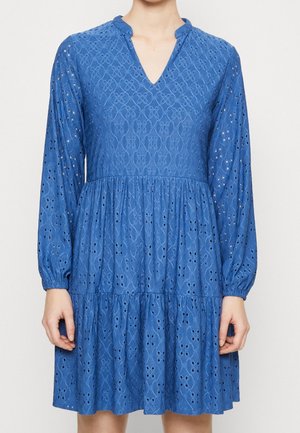 Niebieska sukienka z długim rękawem, wykonana z ażurowej tkaniny, z dekoltem w serek, marszczonym talią i warstwową spódnicą, noszona przez osobę stojącą na jednolitym tle.