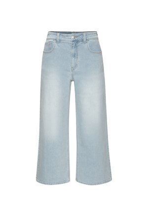 Helleblaue Jeans-Culottes mit hoher Taille, weitem Bein und Knopfverschluss. Der Stoff hat eine weiche Textur und eine abgewetzte Optik.