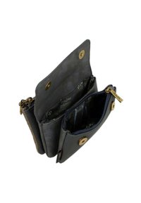 Grijze leren portefeuille met gouden hardware, met twee compartimenten met drukknoopsluitingen, een ritsvak en een gestructureerde buitenkant.