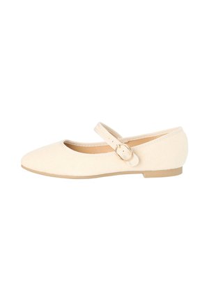 Beiger Mary Jane flacher Schuh mit rundem goldfarbenem Schnallenriemen und niedrigem Absatz, schlichtes und elegantes Design.