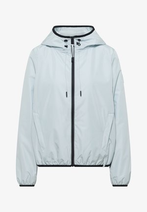 Jasnoszara kurtka przeciwwiatrowa z kapturem, czarnym zamkiem błyskawicznym, regulowanymi sznurkami, elastycznymi mankietami i bocznymi kieszeniami.