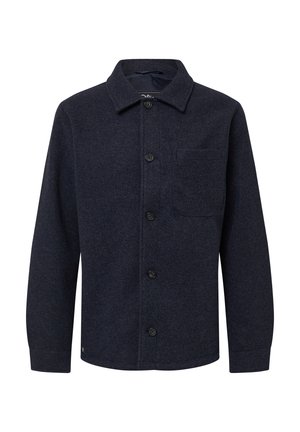 Tumedast villasegustest jakk klassikalise kraega, eesmine tasku ja mustad nööbid. Omab tekstuurset kanga koostist sooja ja vastupidavuse tagamiseks.