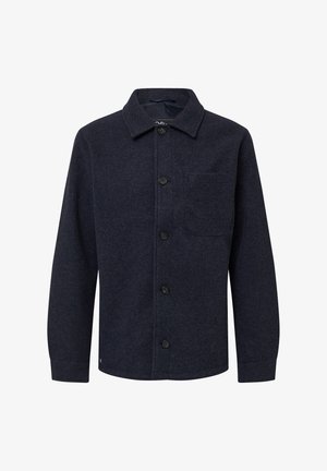 Tumedast villasegustest jakk klassikalise kraega, eesmine tasku ja mustad nööbid. Omab tekstuurset kanga koostist sooja ja vastupidavuse tagamiseks.