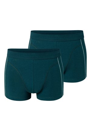 Zwei Paar dunkelgrüne Herrenboxershorts mit hellblauen vertikalen Seitenstreifen und einem breiten Bund.