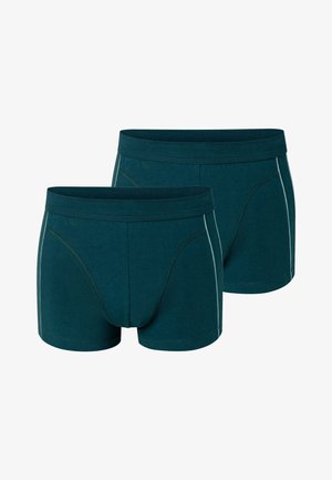 To par mørke teglfarvede mænds boxer briefs med lyseblå lodrette sidestriber og en bred linning.