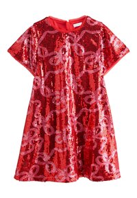 Abito di paillettes rosso con maniche corte, scollo rotondo e vestibilità ampia. La superficie è decorata con evidenti motivi a loop rosa.