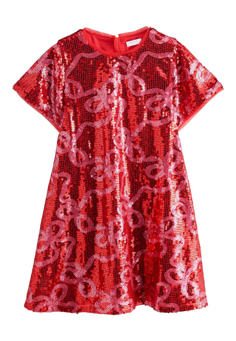 Abito di paillettes rosso con maniche corte, scollo rotondo e vestibilità ampia. La superficie è decorata con evidenti motivi a loop rosa.