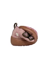 Sneaker with a brown rubber sole, pink knitted fabric upper, and two dark brown Velcro straps featuring light pink butterfly designs.