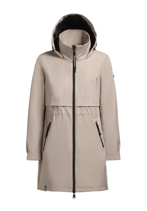Heledbež ž waterproof jakk, millel on kapuuts, mustad tõmbehaakesed, kaks eesmist taskut, elastsed mansetid ja kinni tõmmatav vöökoht, et saavutada istuv välimus.