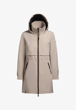 Svetlo bež vodoodporna jakna z kapuco, črnimi zadrgami, dvema sprednjima žepoma, elastičnimi manšetami in zategnjeno pasom za bolj prilegajoč videz.
