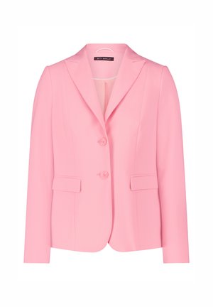 Roze blazer van soepel stof, met een notch-revers, twee voorzakken en twee knopen. Eenvoudig en op maat gemaakt ontwerp.