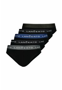 Pięć par męskich majtek w kolorze czarnym, ciemnoszarym i granatowym, z elastycznymi paskami w talii z logo "LANCERTO". Wykonane z gładkiego materiału.