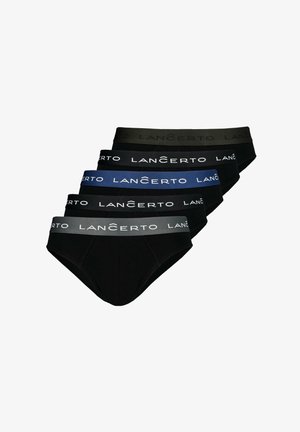 Pięć par męskich majtek w kolorze czarnym, ciemnoszarym i granatowym, z elastycznymi paskami w talii z logo "LANCERTO". Wykonane z gładkiego materiału.