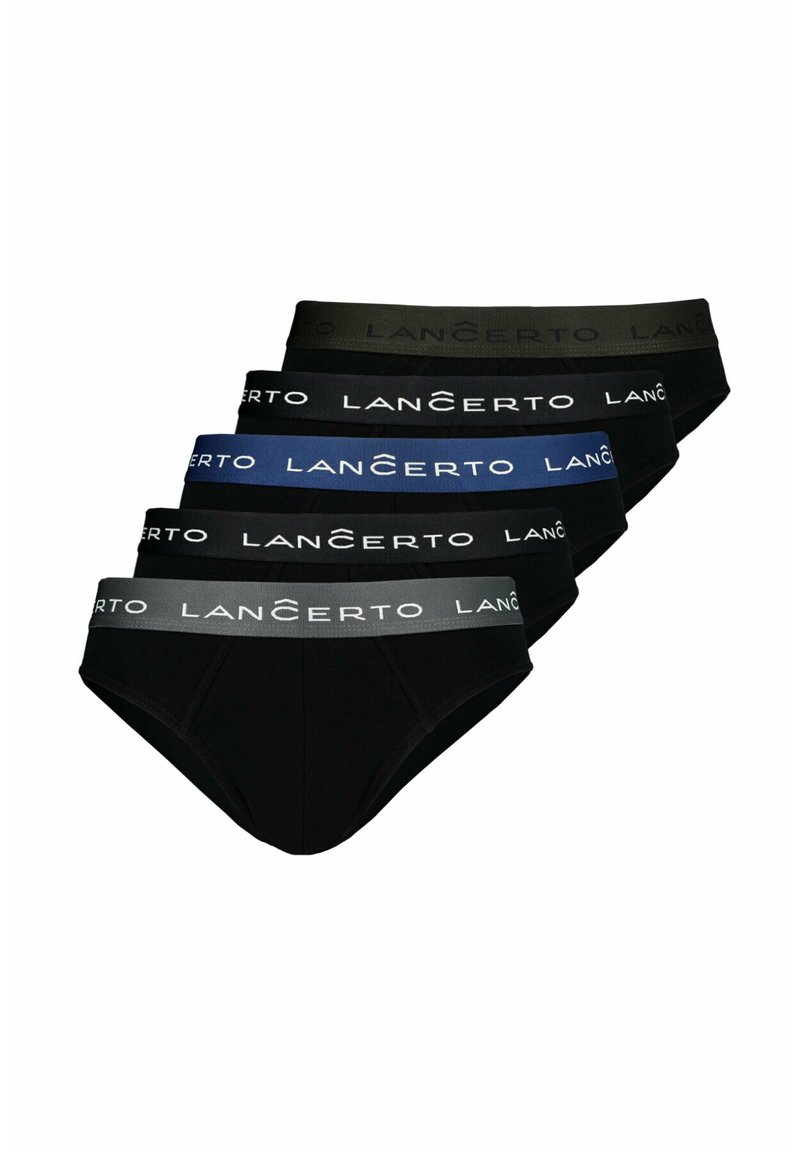 Pięć par męskich majtek w kolorze czarnym, ciemnoszarym i granatowym, z elastycznymi paskami w talii z logo "LANCERTO". Wykonane z gładkiego materiału.