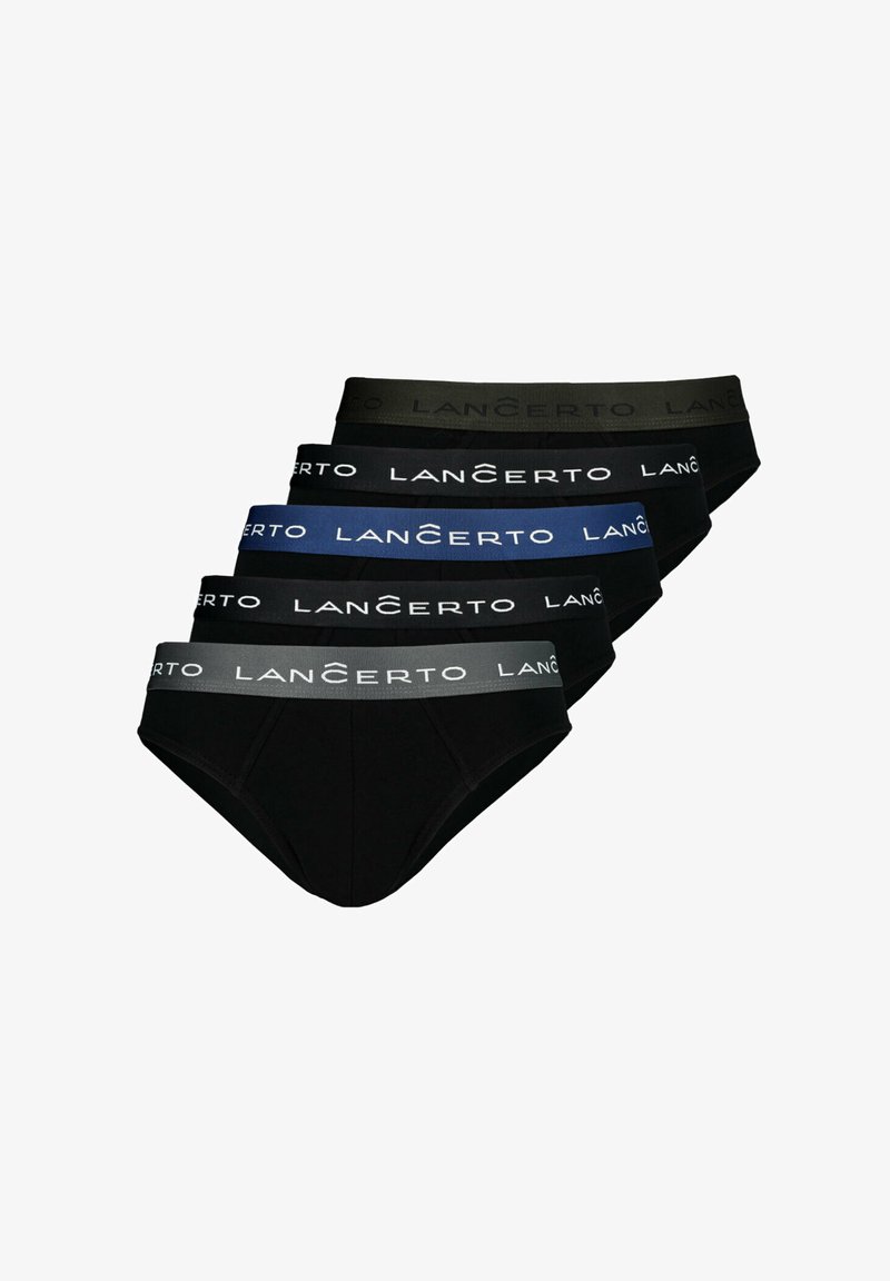 Pięć par męskich majtek w kolorze czarnym, ciemnoszarym i granatowym, z elastycznymi paskami w talii z logo "LANCERTO". Wykonane z gładkiego materiału.