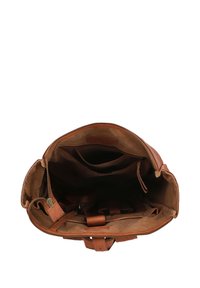 Brown leather bag with a spacious interior, featuring a zip closure, multiple pockets, and soft suede texture.