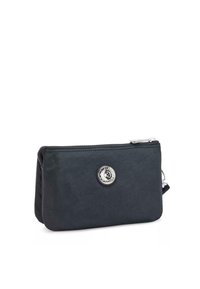 Small black zippered pouch with silver round emblem and textured fabric, shown against a white background.
